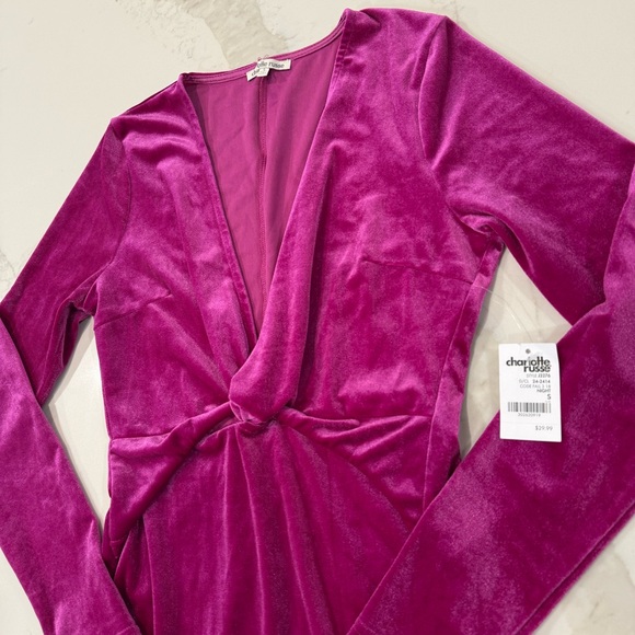 Y2K Charlotte Russe NWT Velour LongSleeve Plunge Mini Dress Womens Small Magenta - Picture 4 of 7